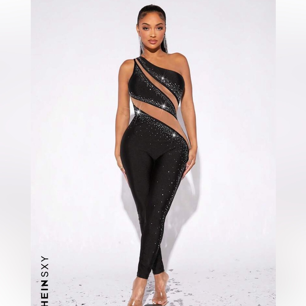 One Shoulder Mesh Rhinestone Jumpsuit - Picture 5 of 5